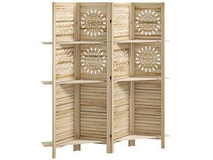Paravent intérieur 4 panneaux et 3 étagères, 160 x 170 cm, séparateur de pièce pliable, bois de paulownia, bois naturel