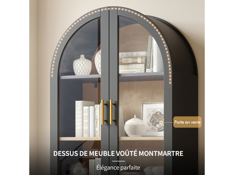 Meuble de cuisine muvano, vitrine noire avec portes vitrées cintrées, 2 tiroirs, 80 × 40 × 175 cm - Conforama E