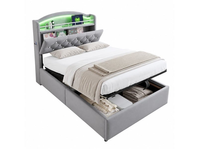  Lit enfant 90 x 200 cm avec rangement, led, usb et tête de lit rembourrée gris  - Conforama A