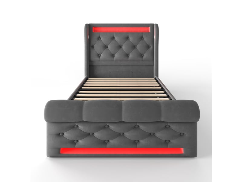  Lit capitonné,90x200 cm,avec led usb c,tête rangement coffre,velours,gris,matelas inclus  - Conforama A