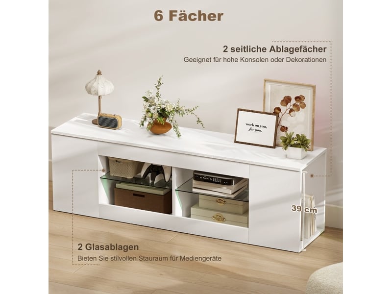  Meuble tv avec 6 niches ouvertes et 2 étagères en verre pour salon en panneaux de particules blanc 140 × 35 × 42,5 cm  - Conforama D