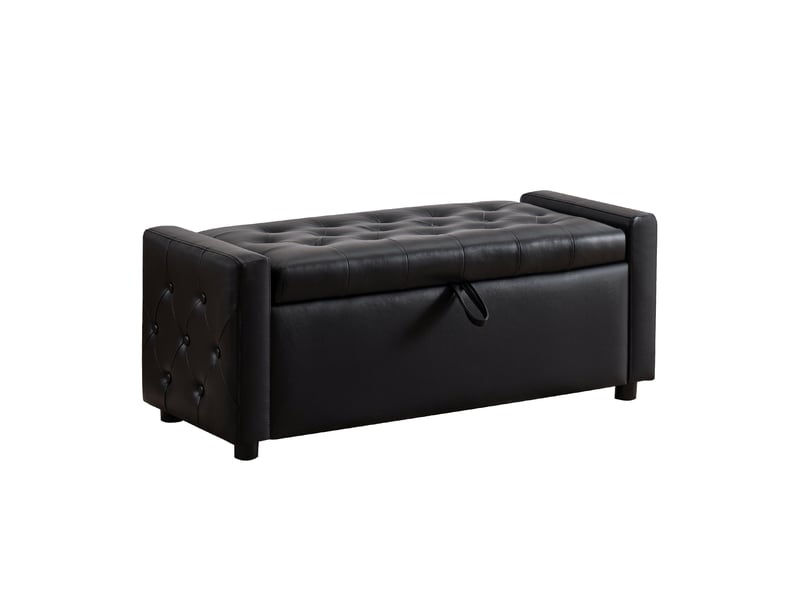  Banc coffre 122 x 45 x 47 cm noir en simili cuir pu, assise capitonnée et rangement intérieur pratique  - Conforama A