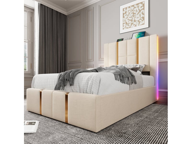  Lit simple 90x200 cm avec rangement, led et usb type-c, revêtement en lin beige avec matelas  - Conforama E