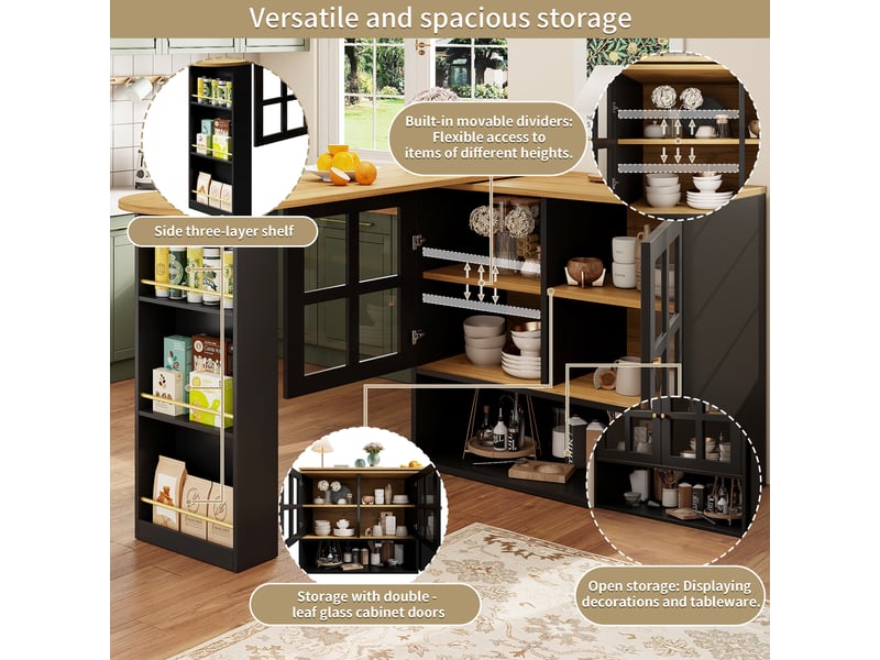 Buffet de cuisine pivotant avec 2 portes vitrées, 5 étagères et rangement ouvert en mdf noir, 138-204×39×102,5 cm - Conforama E