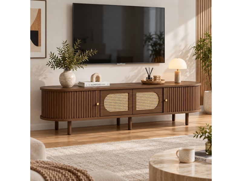  Meuble tv 180 cm décor noyer foncé avec portes effet rotin et portes coulissantes, pour tv jusqu’à 80 pouces  - Conforama D