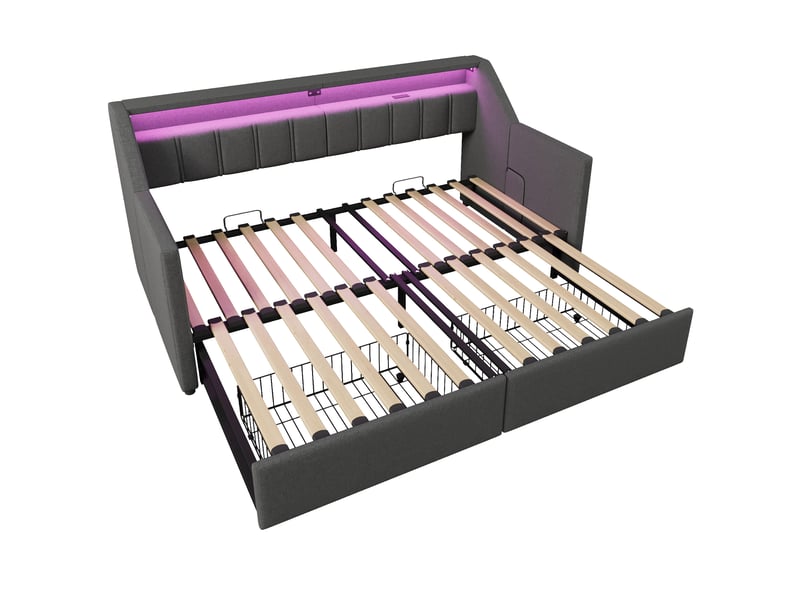  Lit extensible 90x200cm à 180x200cm, led, usb et type-c, 2 tiroirs et poches de rangement, lin gris C-DEGAYUN - Conforama A