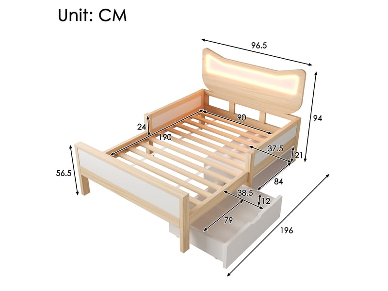 Lit enfant 90x190 cm led rgb et rangement en bois blanc et chêne - Conforama E