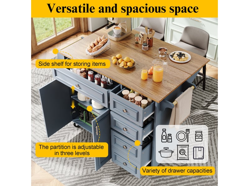  Îlot de cuisine mobile bleu pastel 110 × 45–75 × 92cm, plateau rabattable, aspect bois, gain de place  - Conforama D