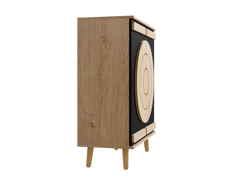  Meuble à chaussures 76x37x98,5 cm, portes géométriques rondes, rangement à plusieurs niveaux, mdf noir et naturel  - Conforama D