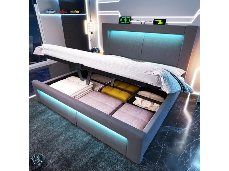  Lit coffre adulte 160x200 cm – gris – rangement hydraulique, led, usbusb-c et matelas inclus  - Conforama B