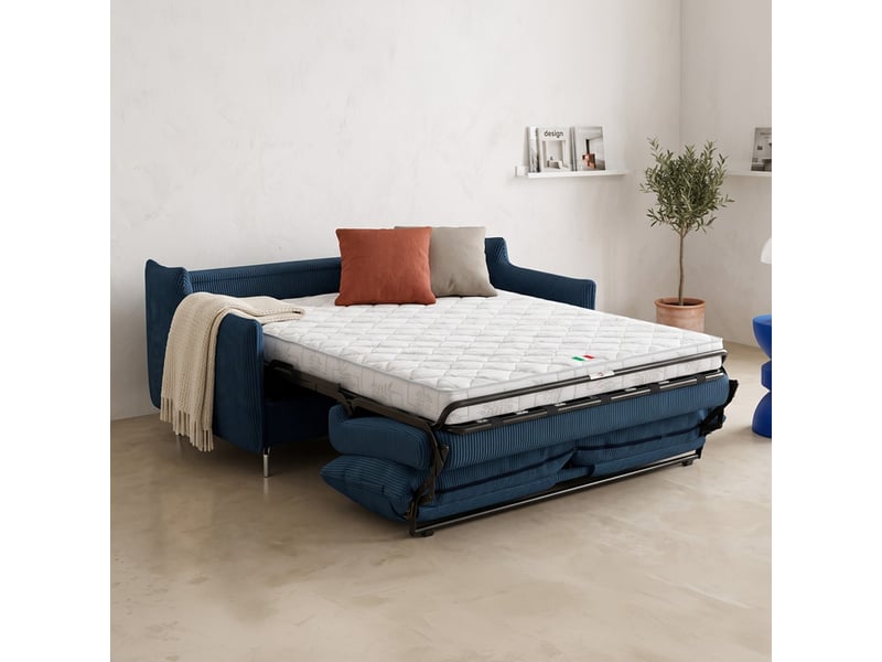  Canapé droit convertible 3 places en velours côtelé bleu foncé - ouverture express - astoria Astoria - Conforama C