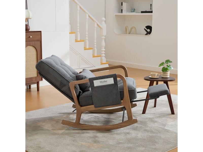  Fauteuil à bascule gris en velours côtelé avec repose-pieds intégré et dossier réglable - 70x80x92cm  - Conforama B