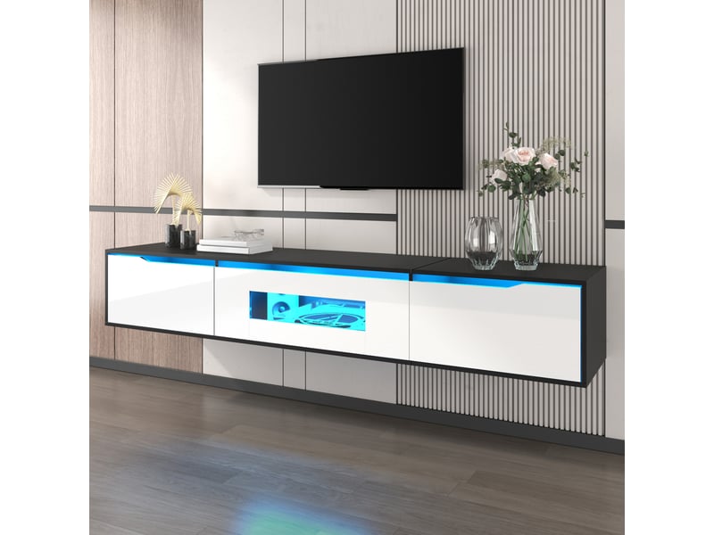 Meuble tv 180 cm, avec éclairage led, rangements fermés et niche centrale, en mdf au style moderne, noir et blanc brillant, pour salon et séjour Luxe haut de gamme - Conforama R