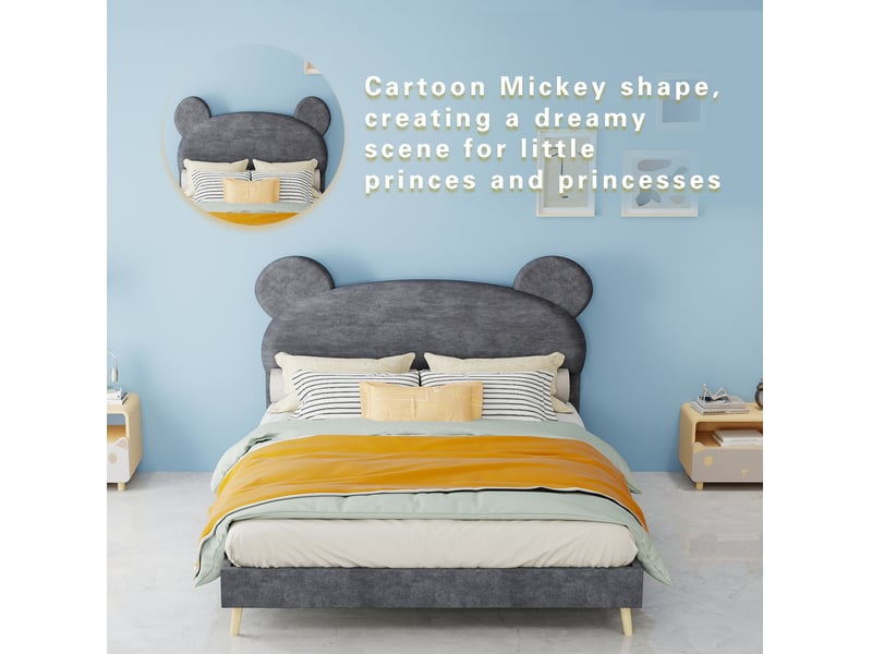  Lit pour enfant, 140x200 cm, lit 2 place avec tête cartoon ludique, matelas non inclus, tissu et métal, coloris gris  - Conforama D