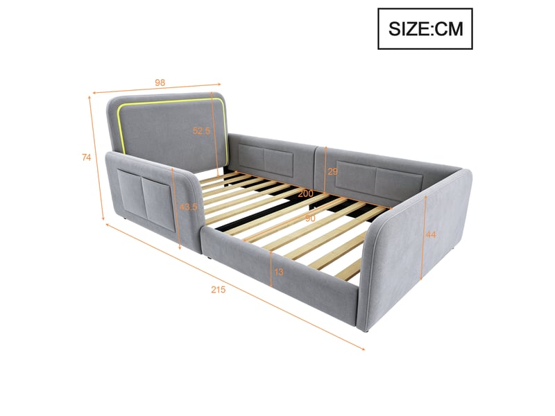 Lit simple 90x200 cm, lit ado rembourré avec tête de lit led, contrôle par application, poches latérales, sans matelas - gris  - Conforama C