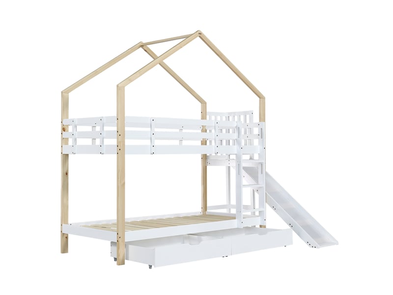  Lit superposé avec toboggan et échelle inclinée à trois marches, lit cabane avec barrière de sécurité et 2 tiroirs, cadre de lit en bois massif, blanc et naturel, 90 x 200 cm  - Conforama E