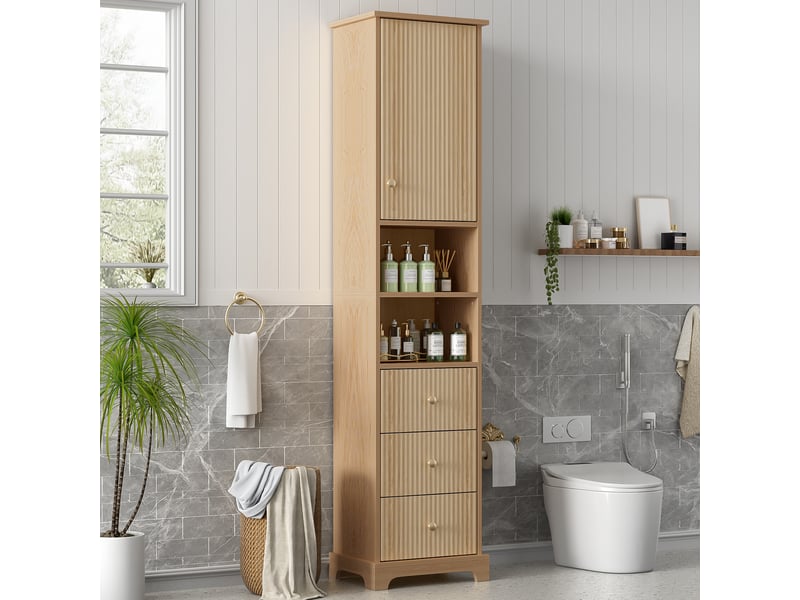 Colonne salle de bain bois naturel 40 × 30 × 172 cm, 3 tiroirs, étagères - Conforama B