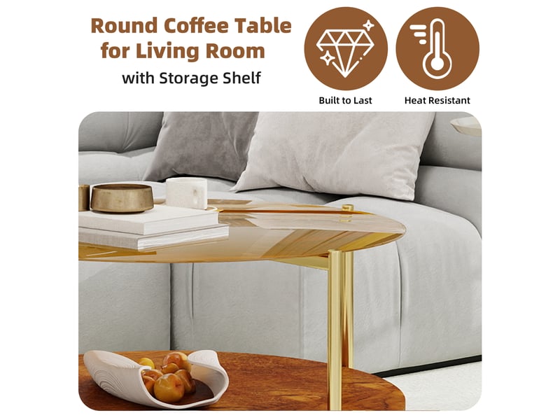  Table basse ronde,82x82x45 cm,avec rangement,verre trempé,doré  - Conforama D