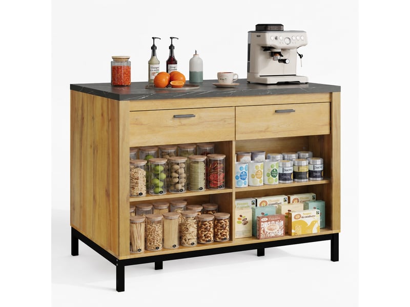 Îlot central de cuisine 120 x 75 x 90 cm, 2 tiroirs, 4 étagères et espace bar, noir et bois naturel - Conforama A