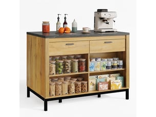 Îlot central de cuisine 120 x 75 x 90 cm, 2 tiroirs, 4 étagères et espace bar, noir et bois naturel
