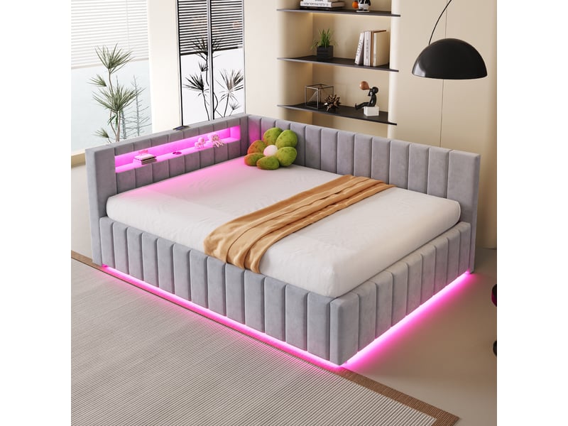 Lit banquette enfant coffre 140 x 200 cm avec led, usb et rangement hydraulique, velours gris clair Fay Lum - Conforama E