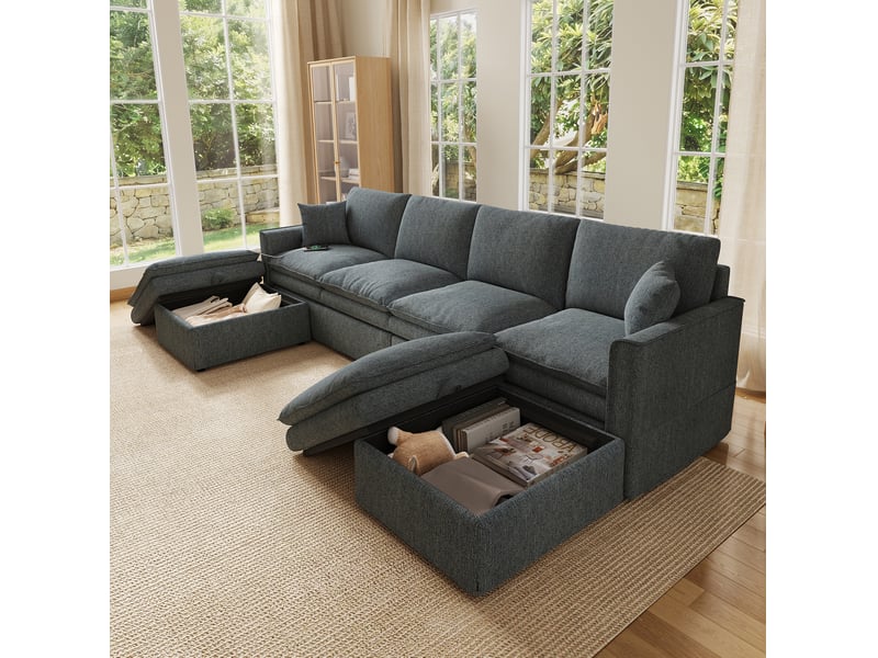  Canapé d'angle modulable 6 places 277x135x80 cm gris en tissu coton et lin, 2 poufs de rangement et ports usb  - Conforama B