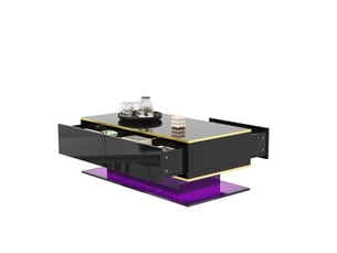 Table basse 100x50x40 cm avec éclairage led usb, 3 tiroirs et niche ouverte, panneaux de particules, noir et doré