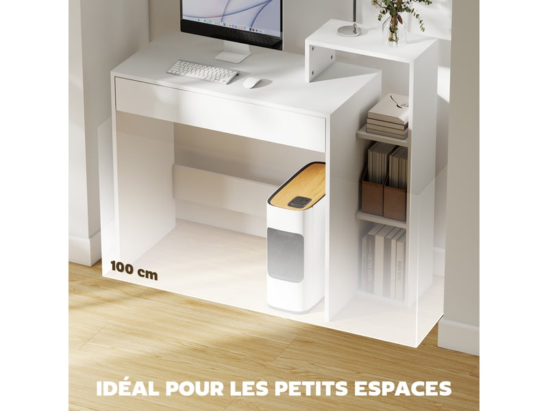  Bureau avec rangement, bureau d'ordinateur avec 3 étagères de rangement et tiroir, blanc, 100 x 40 x 90 cm  - Conforama R