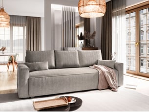 Canapé droit convertible <strong>MASSENO</strong> <strong></strong> 3 places Velours côtelé beige avec coffre de rangement