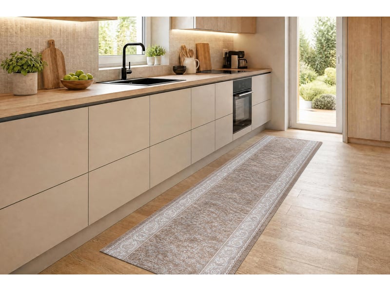 Tapis de couloir antidérapant lotus romantic 60981 classique, ornement beige lavable 80 cm 80x550 cm - Conforama D