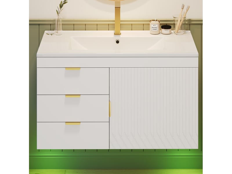 Meuble sous vasque suspendu 76x46x51 cm blanc avec vasque céramique et led - Conforama E