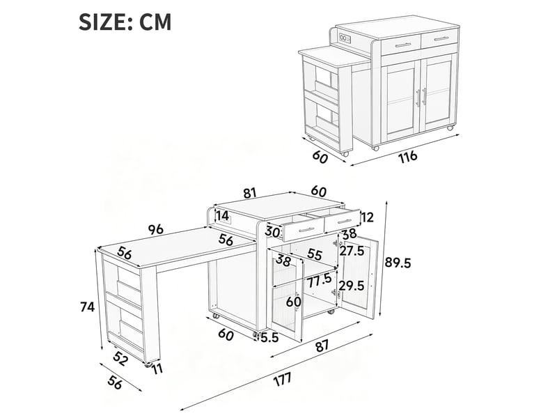  Îlot de cuisine extensible avec 2 portes, 2 tiroirs, roulettes et prises pour 2 à 4 personnes en cuisine, blanc  - Conforama C
