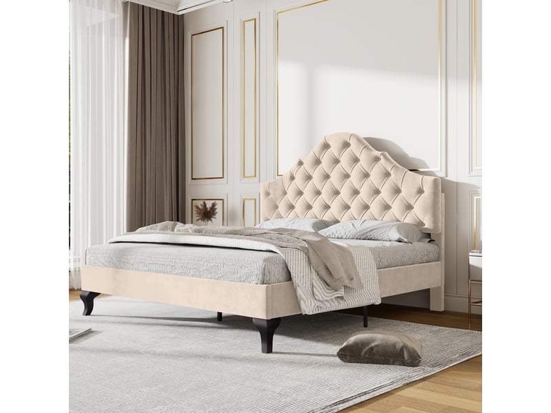  Lit double rembourré 140x190 cm avec sommier à lattes, beige, cadre de lit adulte avec tête de lit réglable en hauteur  - Conforama A