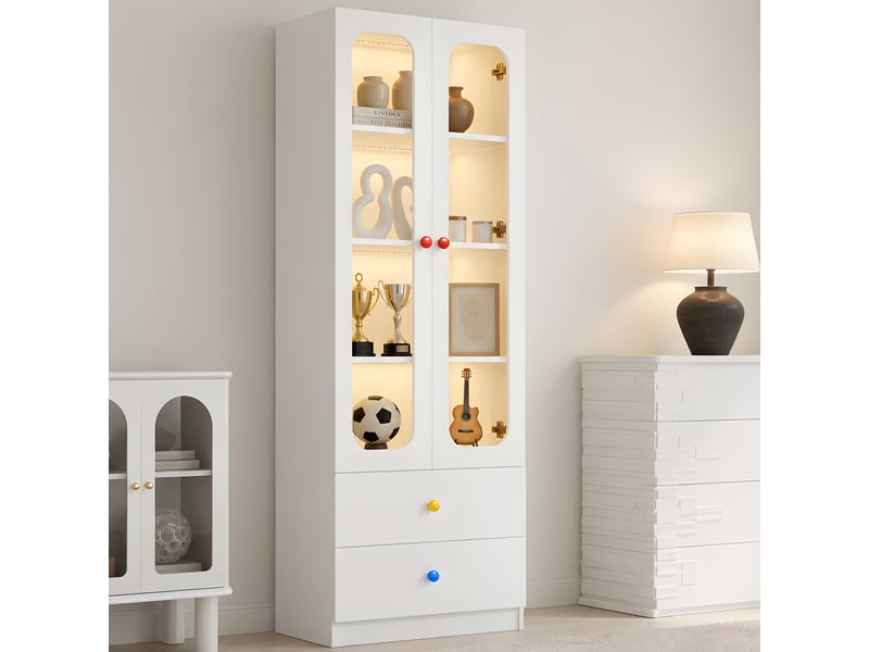Vitrine 4 niveaux avec 2 tiroirs, éclairage led rgb contrôlable par application et poignées en céramique, meuble pour collections, jouets ou figurines - chambre enfant OPULERANE TRADING LTD - Conforama B