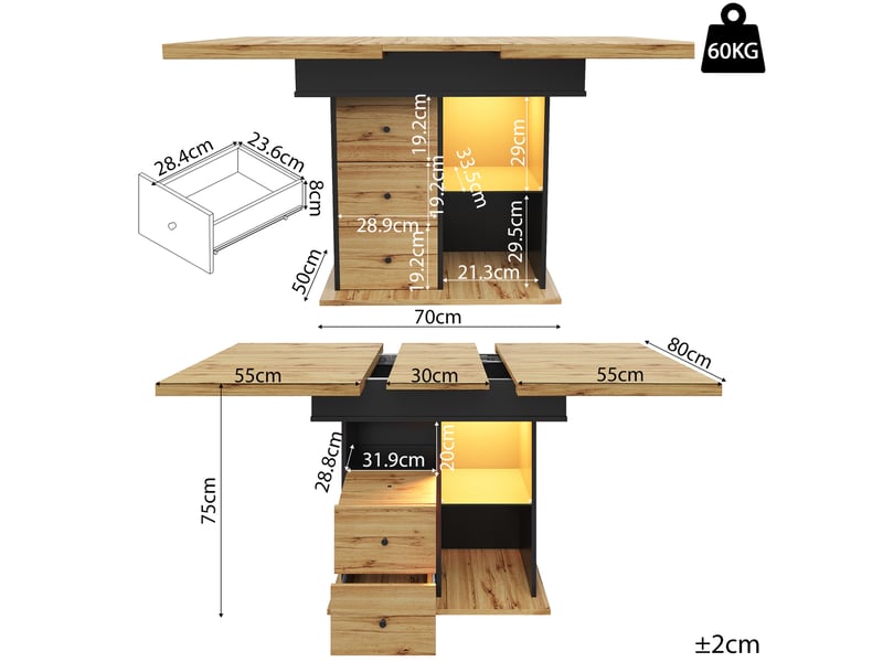  Table extensible (110)140×80x75cm avec tiroirs, éclairage led, design sobre, mdf, couleur naturel et noir  - Conforama D