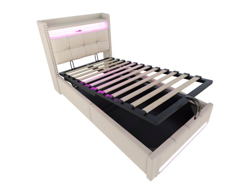  Lit coffre 90x200 cm, lit enfant avec éclairage led, prise usb et étagères de rangement, tissu en lin beige, sans matelas  - Conforama E