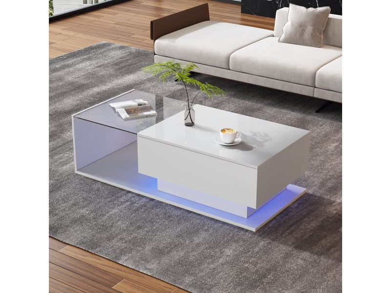 Table basse de salon blanche finition brillante avec plateau en verre et éclairage led - 1 tiroir - 100x50x32 cm - Conforama D