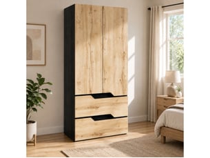 Armoire à 2 portes, avec 1 tringle, une étagère supérieure et 2 tiroirs, 90 x 50 x 200 cm, chêne