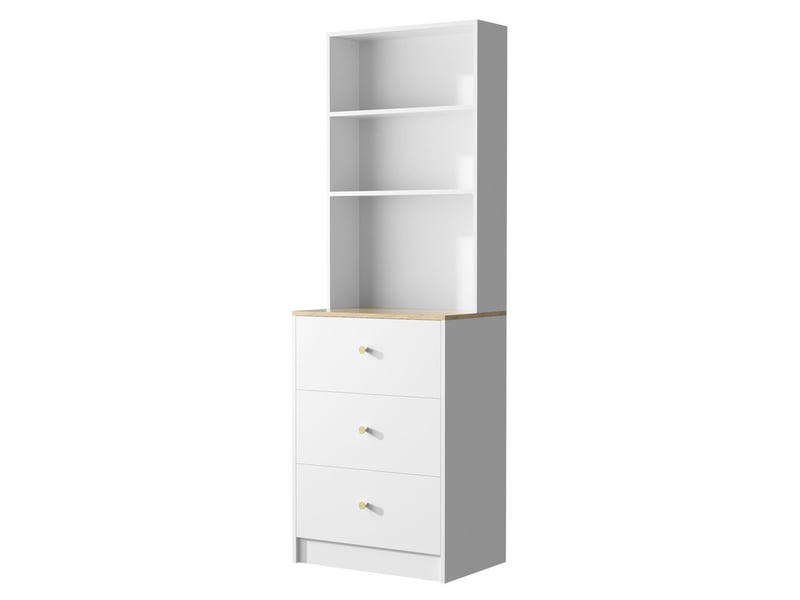  Commode 3 tiroirs, armoire haute avec éclairage rgb, meuble polyvalent en vitrine ou rangement, 60 x 40 x 180 cm, coloris naturel et blanc  - Conforama E