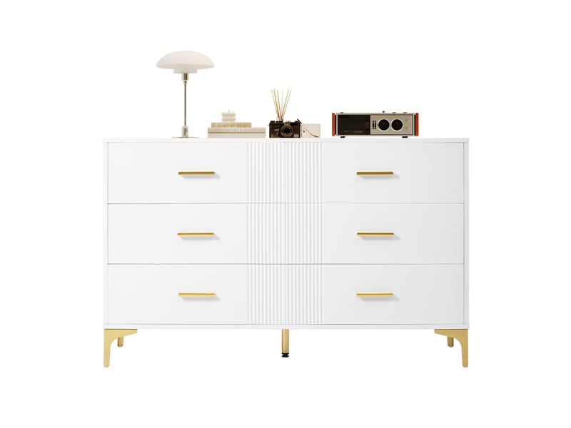  Commode 6 tiroirs 120 x 40 x 76 cm, surface rainurée élégante, pieds surélevés anti-humidité, mdf, blanc  - Conforama A