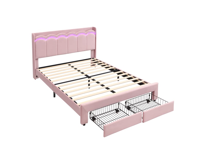  Lit enfant 140x200 cm avec led, étagère et 2 tiroirs, en velours rose, sans matelas  - Conforama E