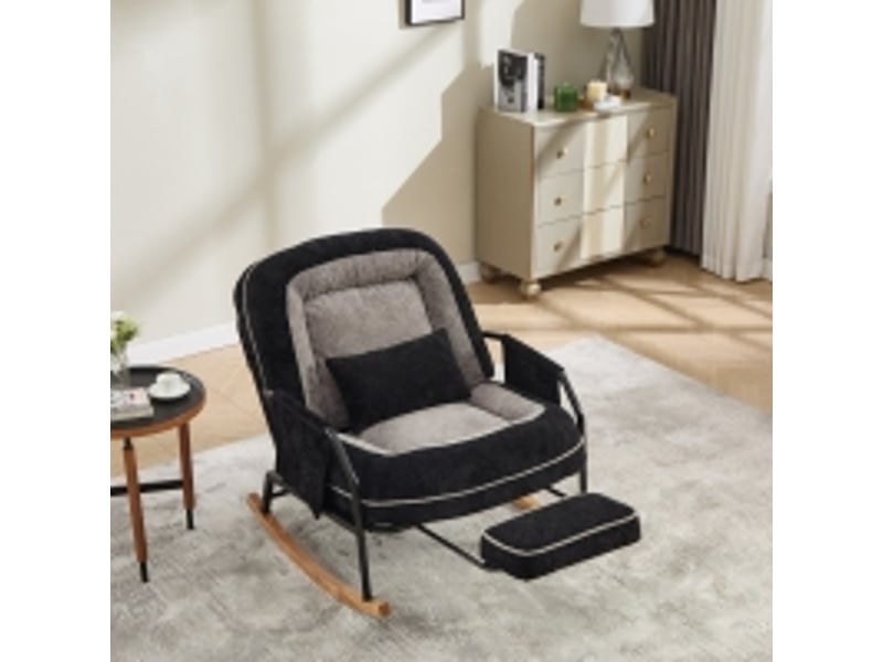 Fauteuil à bascule avec dossier inclinable, repose-pieds coulissant, poches latérales en tissu effet fourrure noir et gris - Conforama B