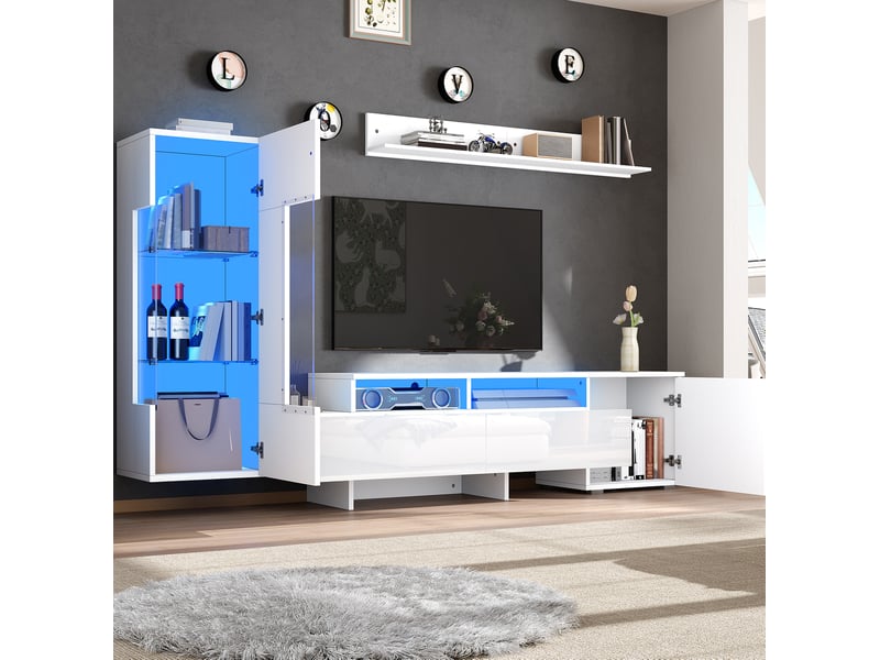 Meuble tv mural 3 éléments avec 1 porte, 2 tiroirs et led pilotées par téléphone pour salon, blanc, 170 × 35 × 45 cm - Conforama C