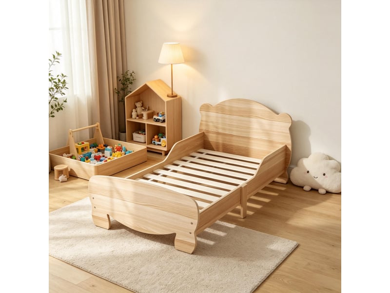  Lit enfant 70x140 bois naturel avec barrière de sécurité motif ours  - Conforama R