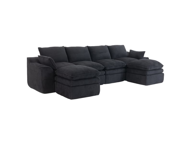 Canapé modulable 4 places en velours côtelé noir avec 2 poufs et poches latérales - Conforama A
