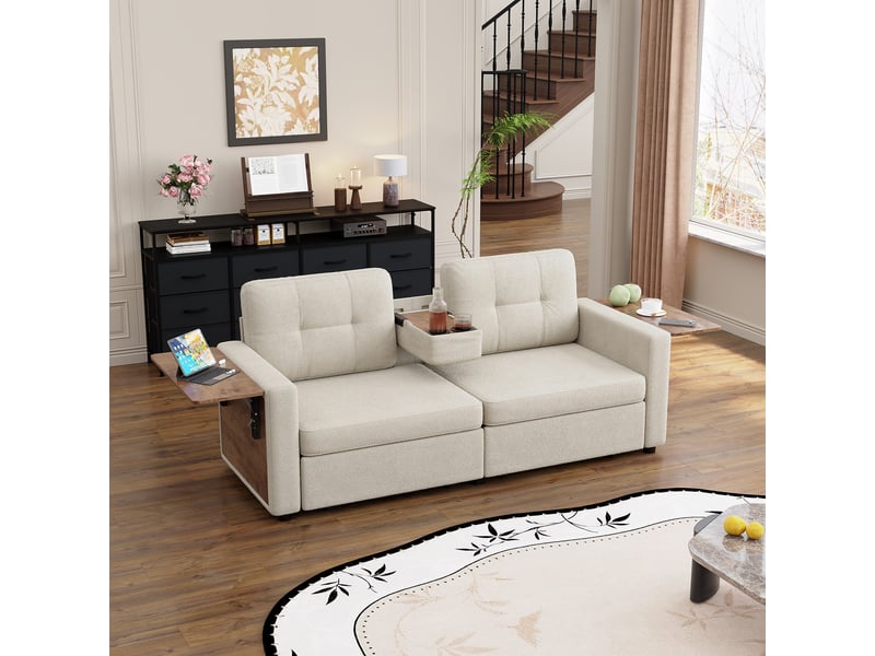 Canapé droit 2 places en chenille avec 2 tiroirs de rangement, tablettes latérales et porte-gobelets, beige, 178 cm Fay Lum - Conforama B