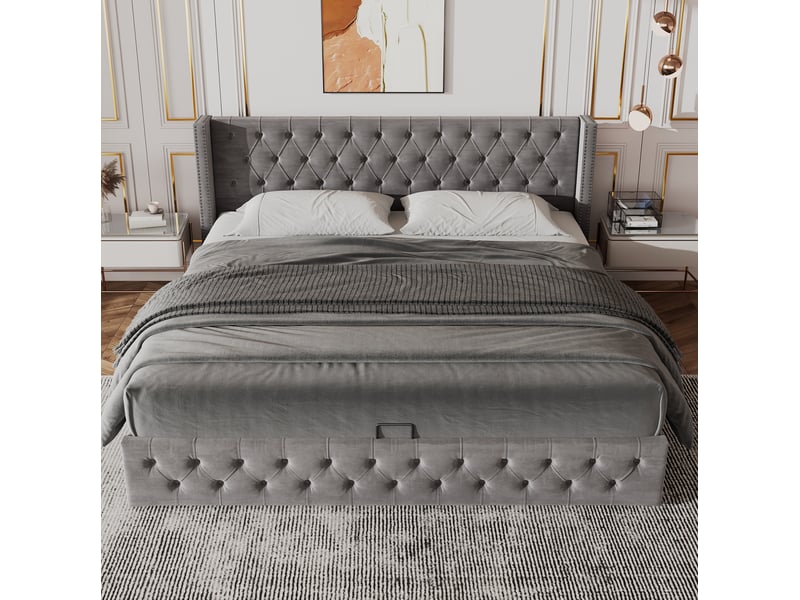  Lit coffre tcqpz 140 x 190 cm capitonné en flanelle gris avec rangement hydraulique  - Conforama D