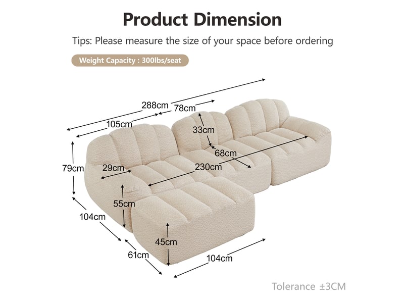  Canapé d'angle modulaire 3 places avec ottoman et assise profonde en fleece granuleux, beige blanc  - Conforama E