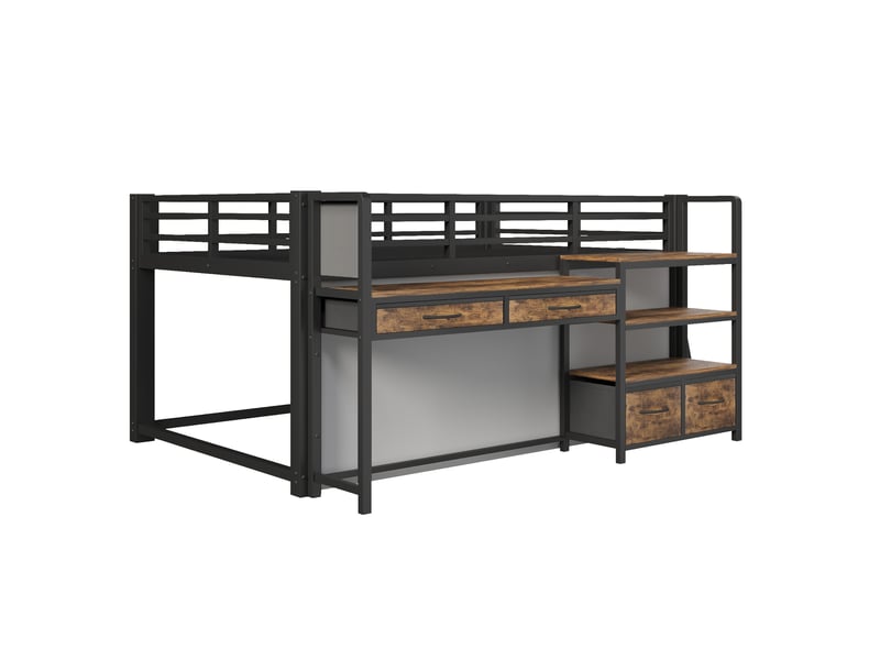  Lit mezzanine 140 x 200 cm avec bureau, espace de rangement et tiroirs en tissu, lit enfant en métal avec rideau, étagère à plusieurs niveaux et éclairage led, noir  - Conforama E