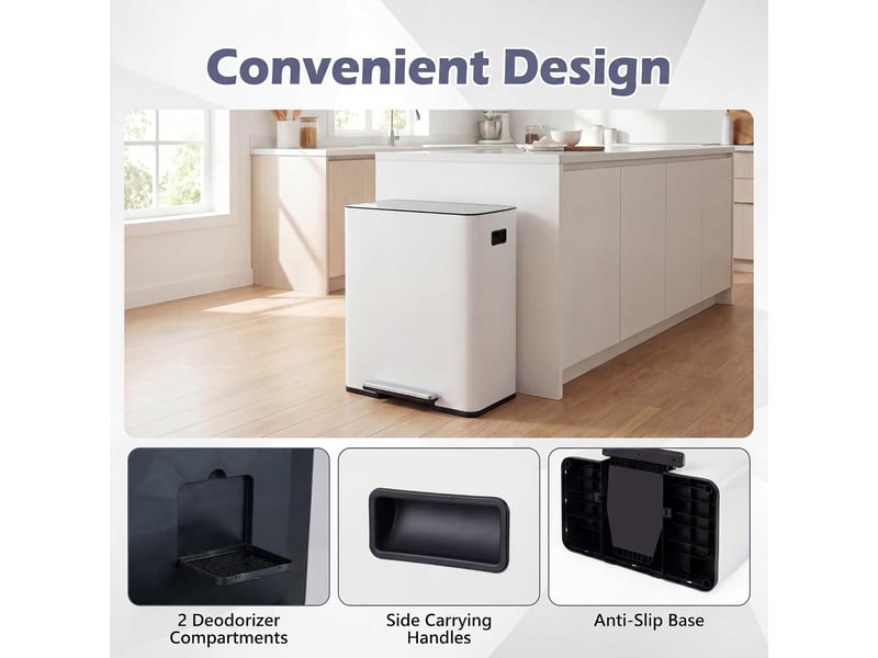 Poubelle cuisine tri sélectif 60l, poubelle recyclage à pédales en acier inoxydable avec double compartiments, couvercle verrouillable (blanc) - Conforama D